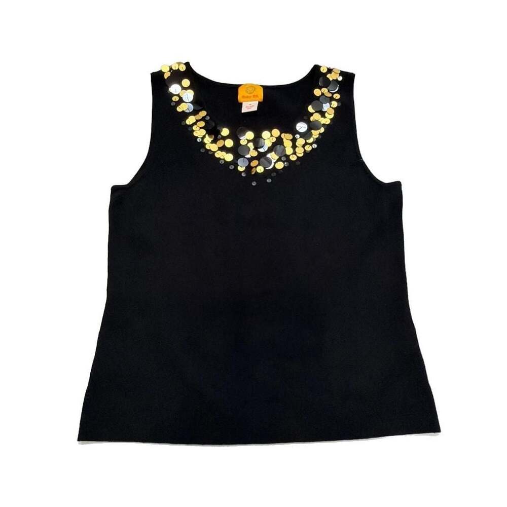 Ruby Rd. Black Knit Tank Top with Gold and Silver Sequin Disk Neckline Classy M